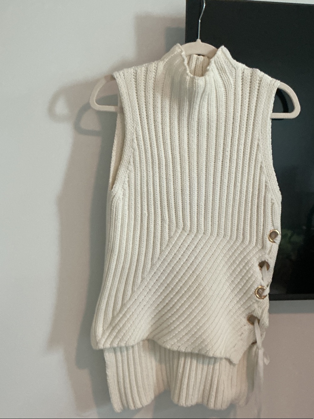 NWOTDerek Lam Cream Ribbed Sleeveless Turtleneck Sweater with Side Button Detail